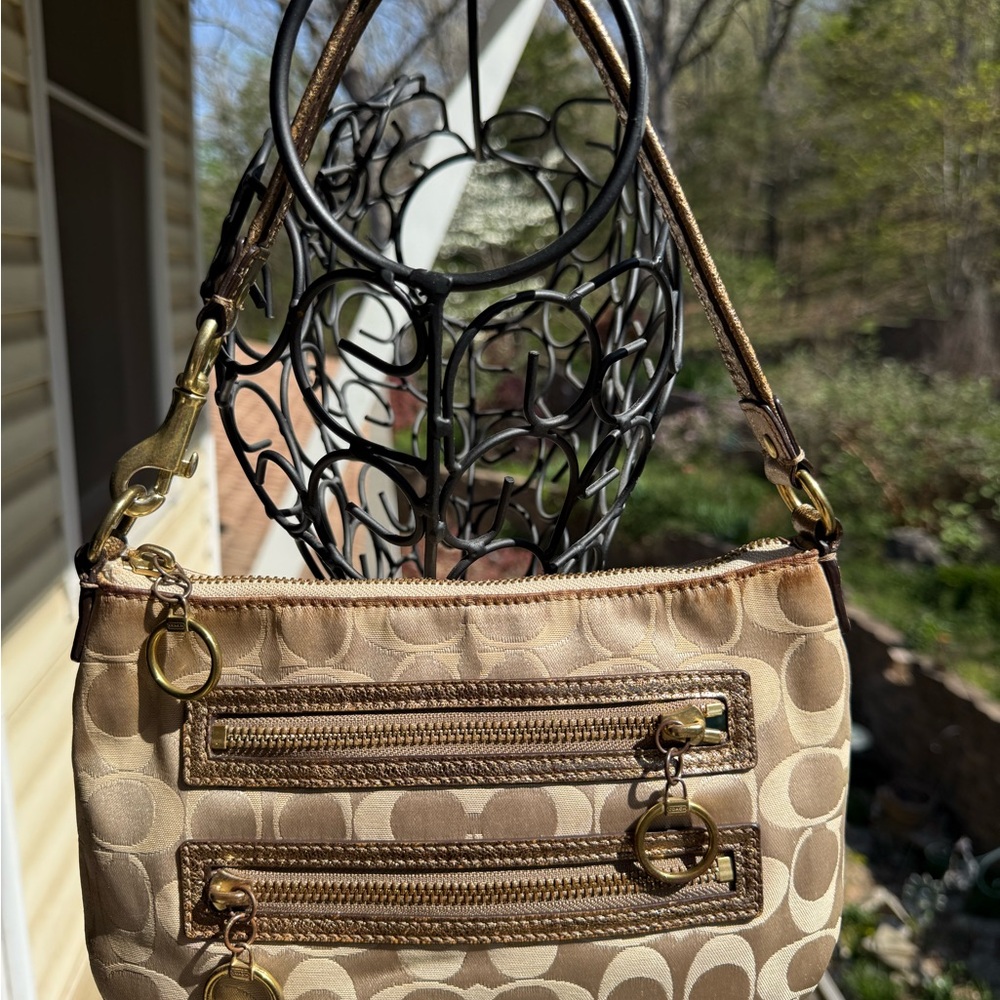 Coach Poppy Signature C Khaki‎ Metallic Gold Shoulder Bag 18635
